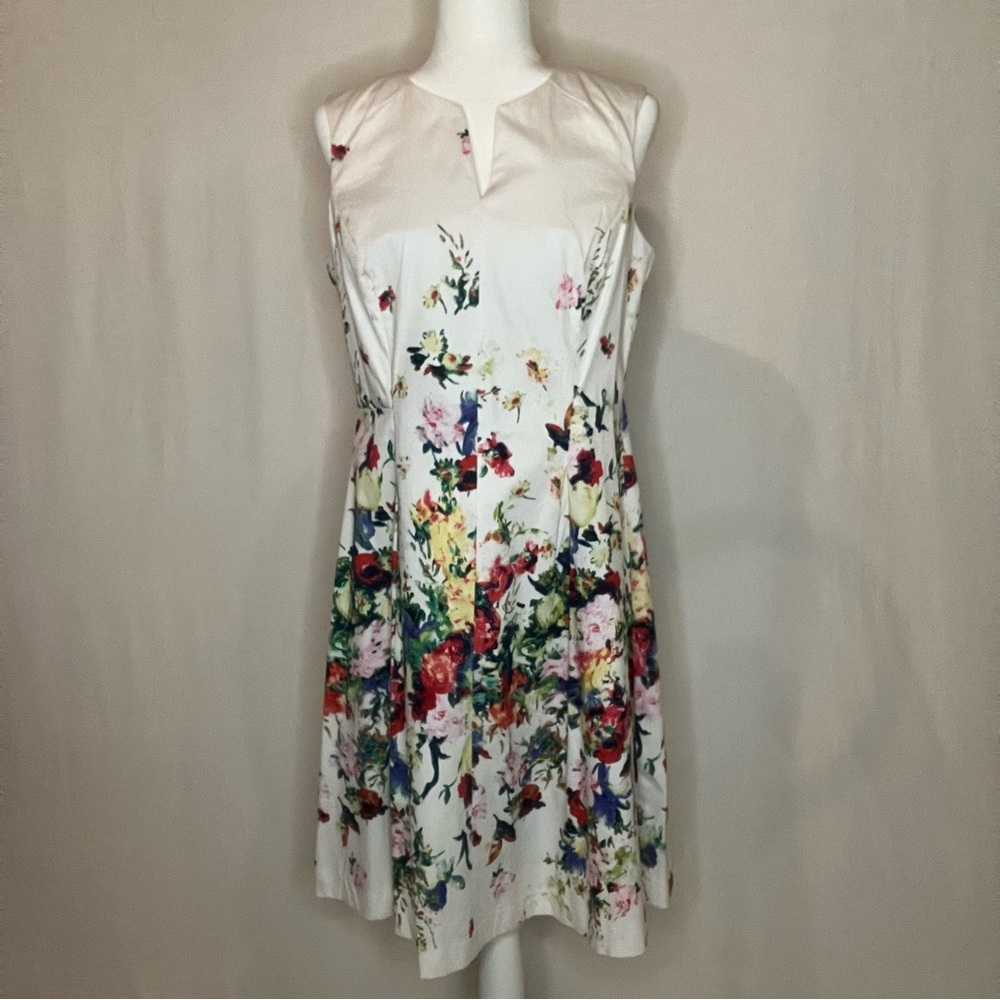 Chadwick’s Floral Sleeveless Dress - White Multicolor Pleats Print Notched
